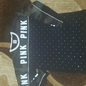 PINK brand camo and black top. White lettering detail and rhinestone detail.